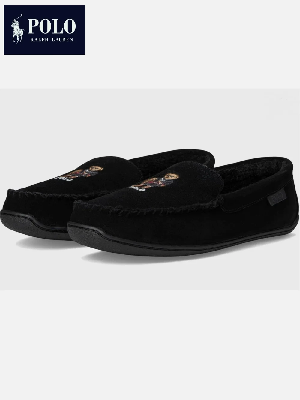 NWT Polo by Ralph Lauren Men's 9 Brenan Bear Embroidered Black Suede Loafers